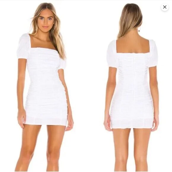 superdown Dresses & Skirts - Revolve Superdown White Ruched Puff-Sleeve Women’s Dress